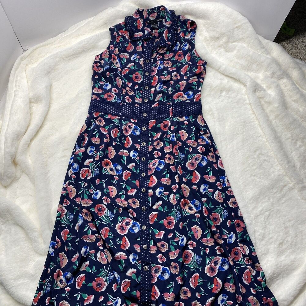 ANTILIA FEMME Vintage Style Floral Midi Dress Navy Blue Polka Dot Trim Small S